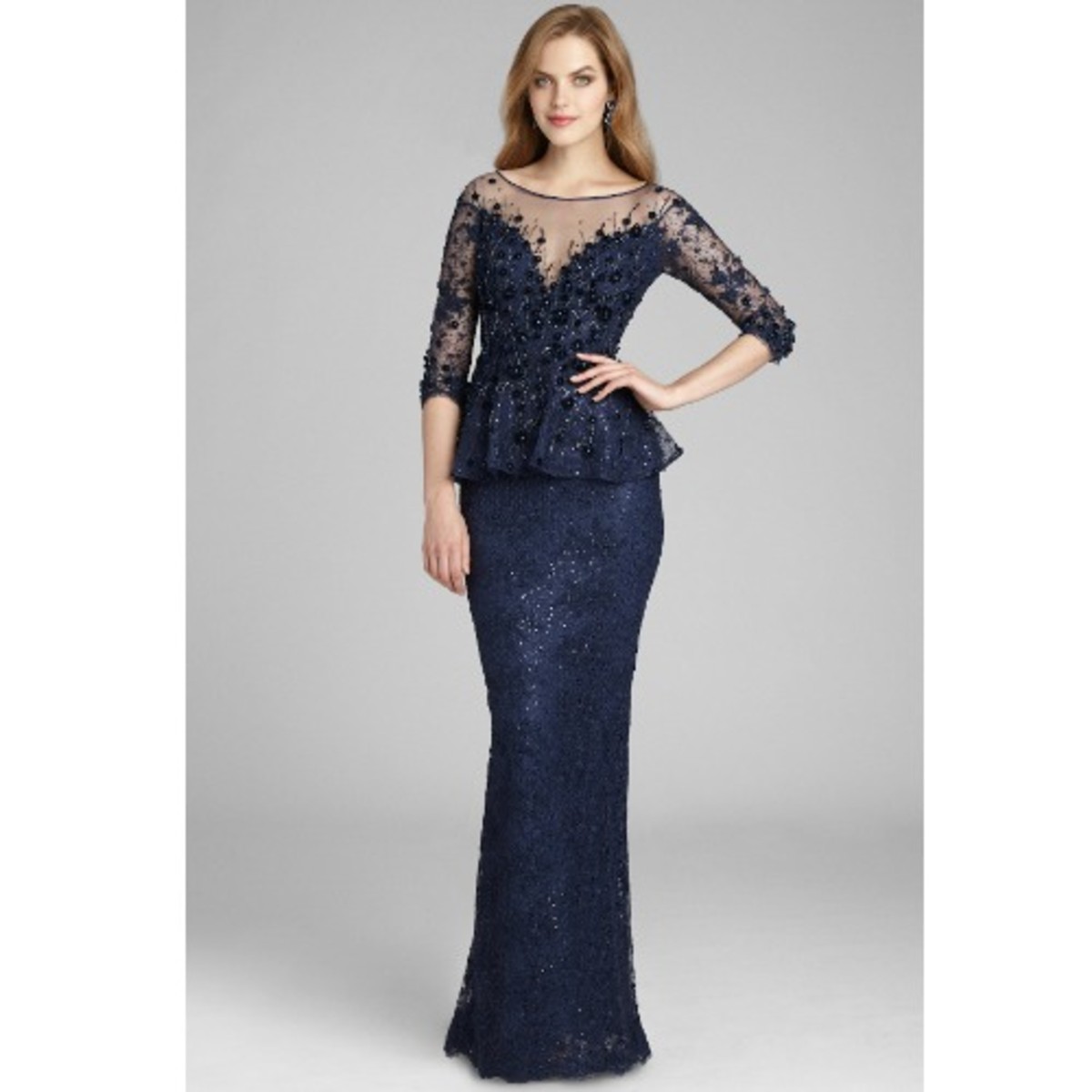 Teri Jon Lace Peplum Gown with Floral 
