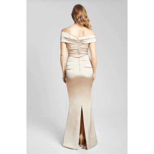 Rickie Freeman for Teri Jon Off The Shoulder Stretch Satin Gown at Helen Ainson at Helen Ainson