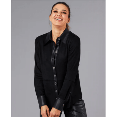 ANGEL Vegan Leather/Suede Button Down Shirt at Helen Ainson