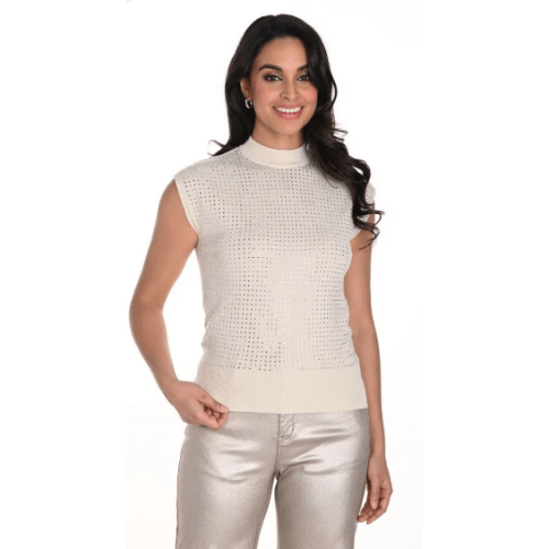 Frank Lyman Beige Mock Turtleneck Sleeveless Top at Helen Ainson