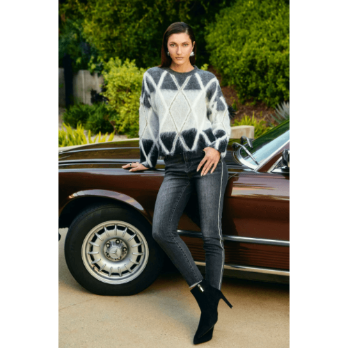 Frank Lyman Grey/Black Knit Sweater With Rhinestone Details at Helen Ainson