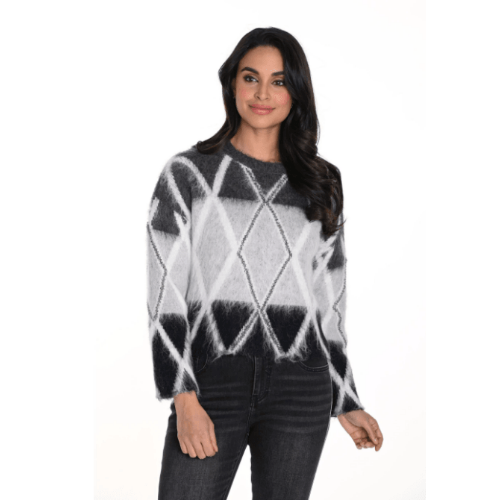 Frank Lyman Grey/Black Knit Sweater With Rhinestone Details at Helen Ainson