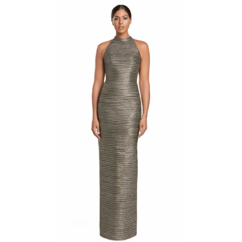 Alexander By Daymor Metallic High-Neck Column Gown at Helen Ainson