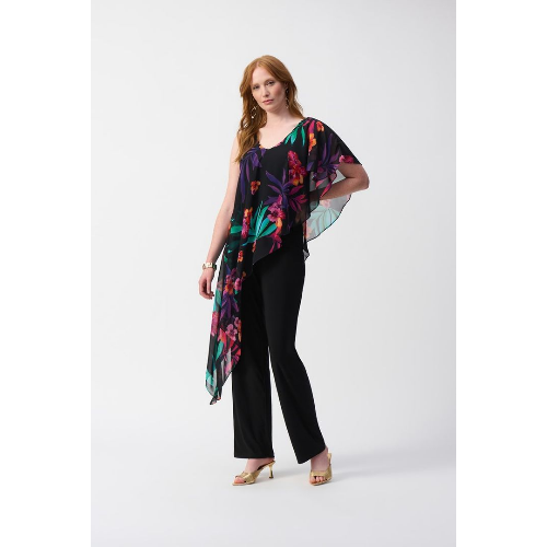 Joseph Ribkoff Silky Knit Jumpsuit With Tropical Chiffon Overlay at Helen Ainson