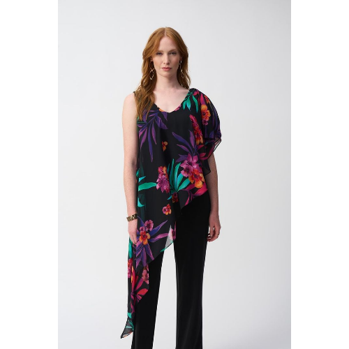 Joseph Ribkoff Silky Knit Jumpsuit With Tropical Chiffon Overlay at Helen Ainson