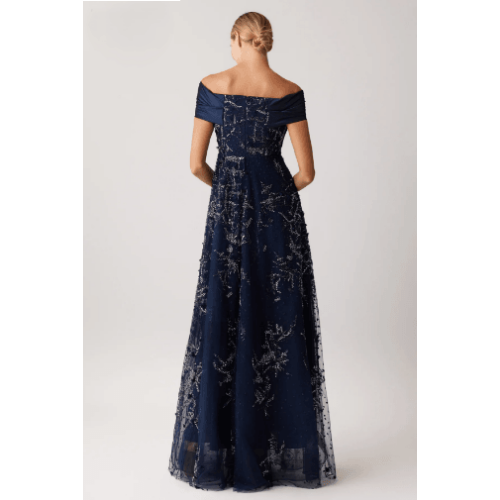 Teri Jon Taffeta Off Shoulder Twist Beaded Tulle Gown at Helen Ainson