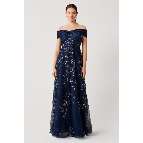 Teri Jon Taffeta Off Shoulder Twist Beaded Tulle Gown at Helen Ainson