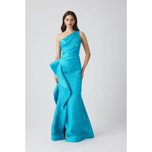 Teri Jon Jacquard Side Ruffle One Shoulder Gown at Helen Ainson