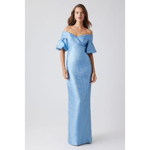 Teri Jon Metallic Jacquard Off Shoulder Puff Sleeve Gown at Helen Ainson