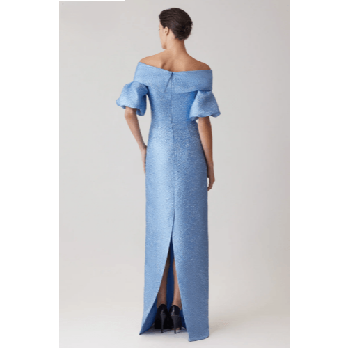 Teri Jon Metallic Jacquard Off Shoulder Puff Sleeve Gown at Helen Ainson