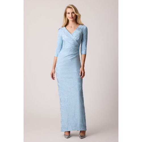 Teri Jon Stretch Jacquard 3/4 Sleeve V Neck Ruched Gown at Helen Ainson