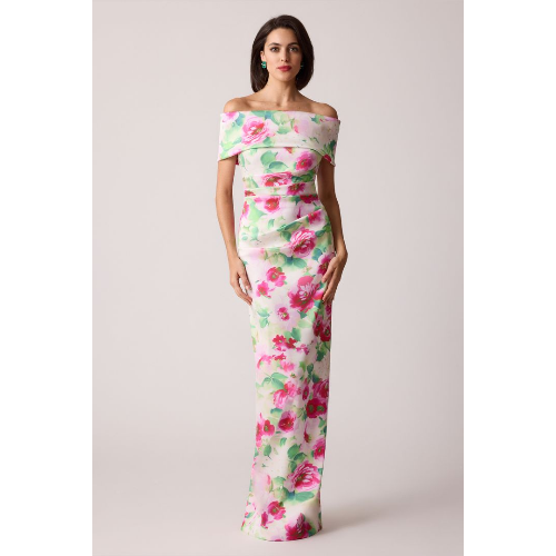 TERI JON PRINT STRETCH MIKADO RUCHED OFF SHOULDER GOWN at Helen Ainson