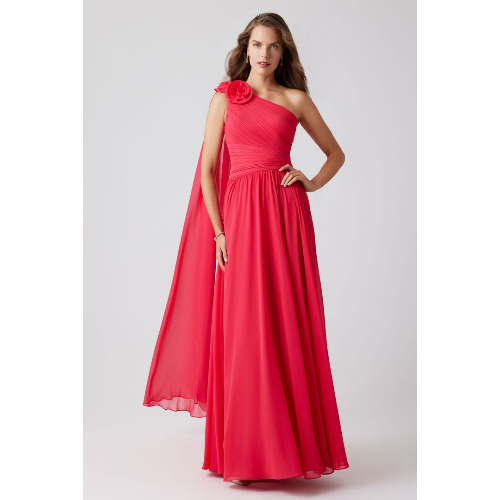 TERI JON PLEATED CHIFFON FLOWER DRAPE SHOULDER GOWN AT HELEN AINSON