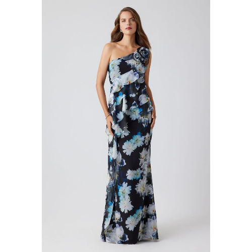 TERI JON CHIFFON RUFFLE FLORAL ONE SHOULDER GOWN at Helen Ainson