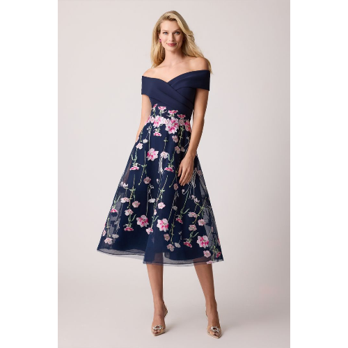 Teri Jon Crepe Off The Shoulder Embroidered Tulle Dress at Helen Ainson