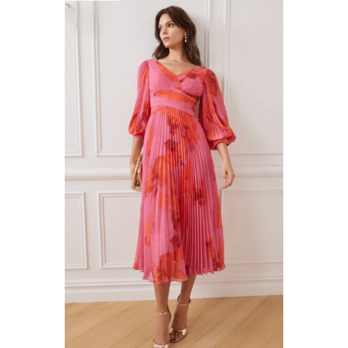 Teri Jon Printed Chiffon Pleated Full Sleeve Dress at Helen Ainson