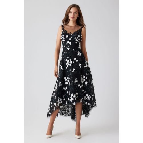 TERI JON TULLE BEADED 3D FLOWER. HIGH LOW HEM DRESS at helen ainson