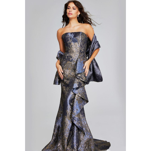 Jovani 42028 Gunmetal and Gold Strapless Gown with Cascading Ruffle at Helen Ainson