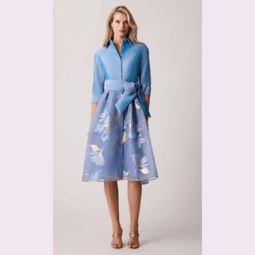 Teri Jon Floral Belted Taffeta Shirtdress at Helen Ainson