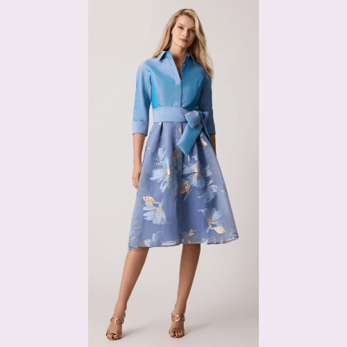 Teri Jon Floral Belted Taffeta Shirtdress at Helen Ainson