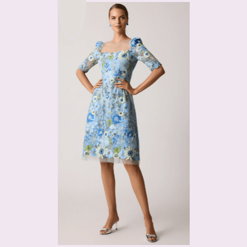 Teri Jon Elbow Sleeve 3D Flower Embroidered Fit And Flare Dress at Helen Ainson