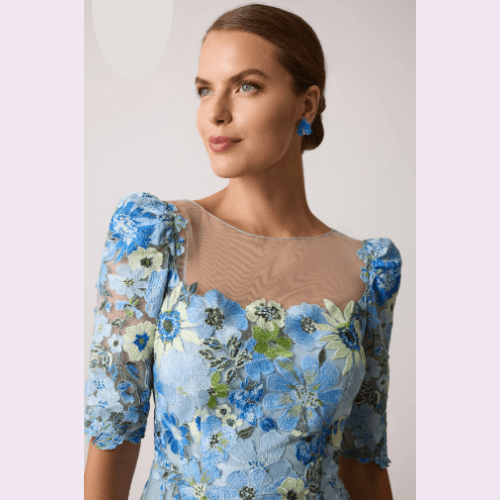 Teri Jon Elbow Sleeve 3D Flower Embroidered Fit And Flare Dress at Helen Ainson