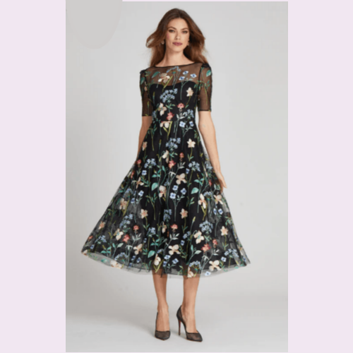 Teri Jon Embroidered Tulle Dress With Floral Print at Helen Ainson