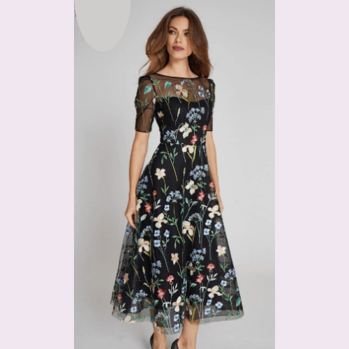 Teri Jon Embroidered Tulle Dress With Floral Print at Helen Ainson