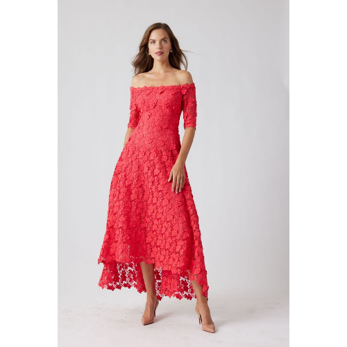 TERI JON 3D FLOWER LACE OFF SHOULDER HIGH LOW HEM DRESS AT HELEN AINSON