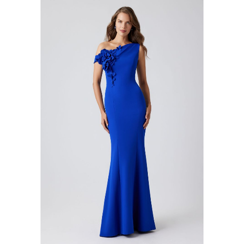 TERI JON STRETCH CREPE ONE SHOULDER 3D FLOWER TRIM GOWN AT HELEN AINSON