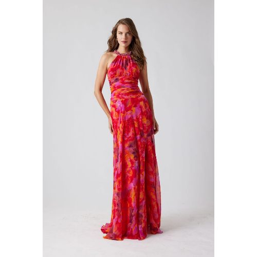 TERI JON PRINTED CHIFFON BEADED HALTER RUCHED MAXI GOWN at HELEN AINSON