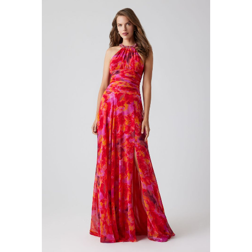 TERI JON PRINTED CHIFFON BEADED HALTER RUCHED MAXI GOWN at HELEN AINSON