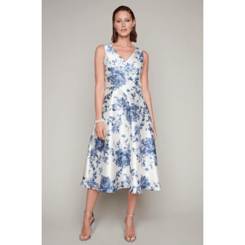 Compli K Noir sleeveless v-neck floral dress with flare bottom at Helen Ainson