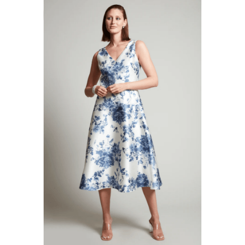 Compli K Noir sleeveless v-neck floral dress with flare bottom at Helen Ainson